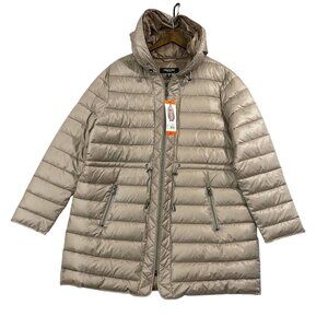 NEW Kenneth Cole Womens XXL Brown Quilted Hooded Puffer Coat Polyester Full Zip